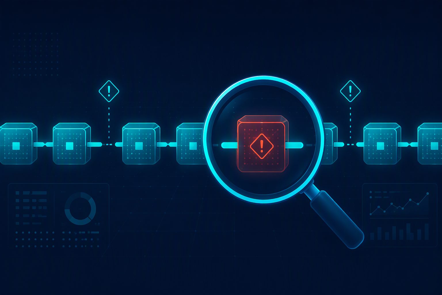 Illustration of a magnifying glass finding an anomalous block in an evidence chain